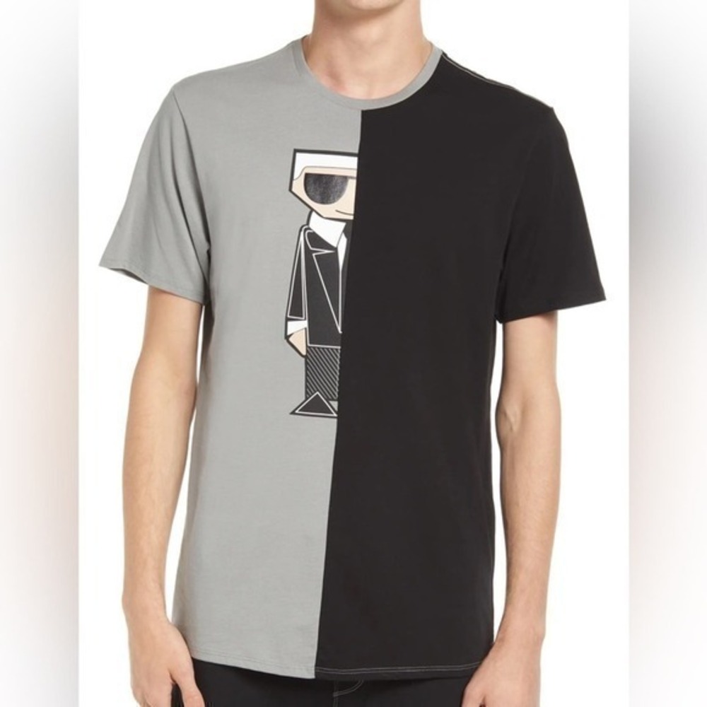 Karl Lagerfeld Kocktail Karl Split Black Gray Graphic Tee Size M NWT